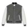 Grey Letterman Varsity Jacket With White Sleeves Front