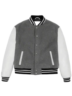 Grey Letterman Varsity Jacket With White Sleeves Front
