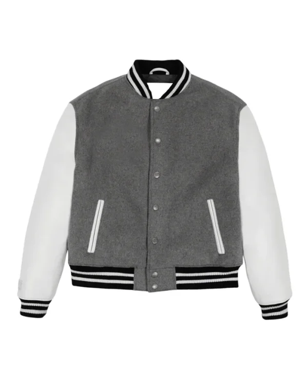 Grey Letterman Varsity Jacket With White Sleeves Front