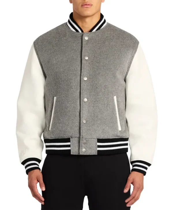 Grey Letterman Varsity Jacket With White Sleeves Main