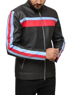 John Blue and Red Striped Leather Jacket Zipper