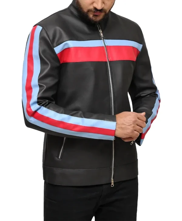 John Blue and Red Striped Leather Jacket Zipper