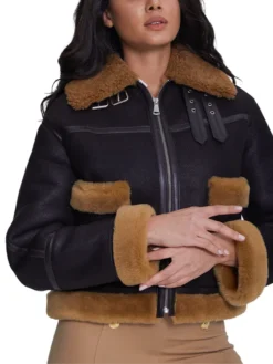 Ladies Brown Shearling B3 Pilot Black Aviator Jacket Closure