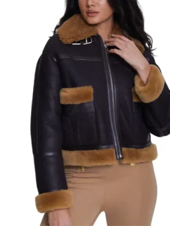Ladies Brown Shearling B3 Pilot Black Aviator Jacket Collar