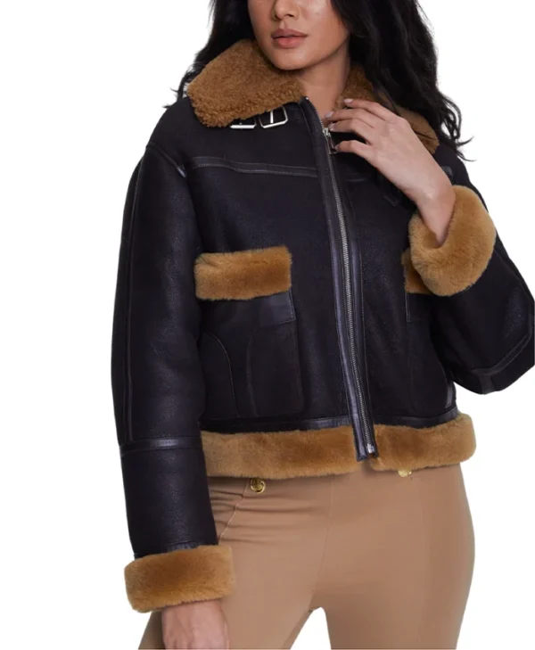Ladies Brown Shearling B3 Pilot Black Aviator Jacket Collar