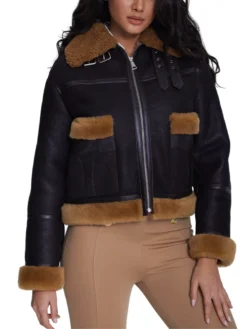Ladies Brown Shearling B3 Pilot Black Aviator Jacket Front
