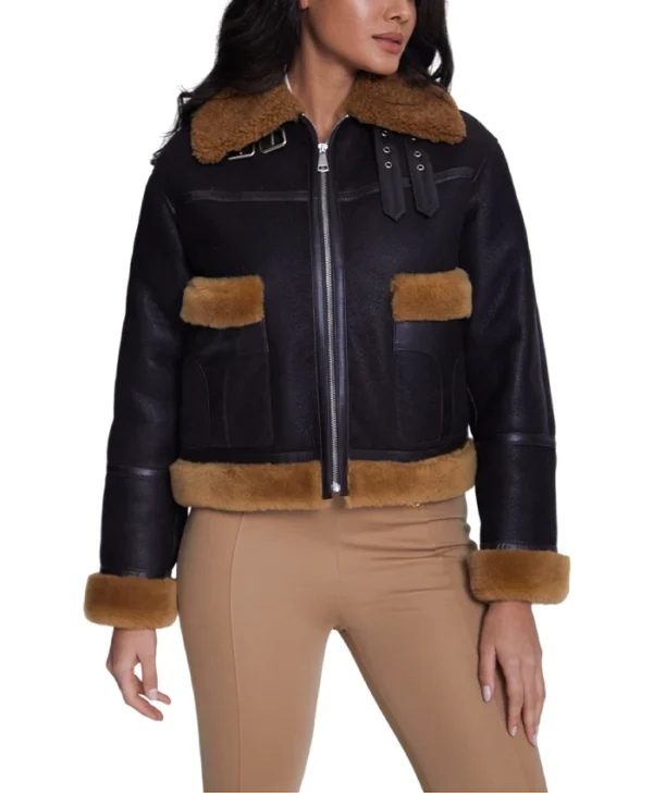 Ladies Brown Shearling B3 Pilot Black Aviator Jacket Sleeves
