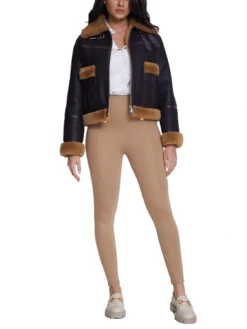 Ladies Brown Shearling B3 Pilot Black Aviator Jacket Stand Up