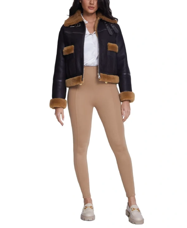 Ladies Brown Shearling B3 Pilot Black Aviator Jacket Stand Up