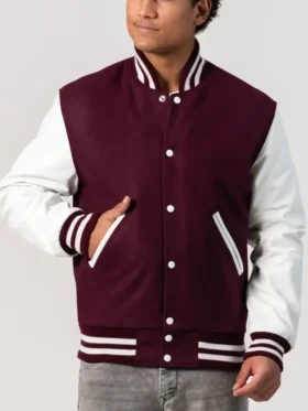 Maroon Wool Bright Varsity Lettermen Jacket Pockets