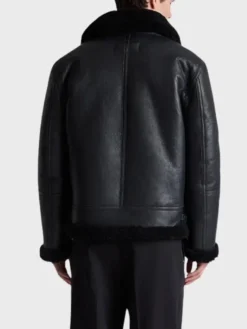 Men’s Black Belted Shearling Collar Leather Aviator Pilot Jacket Back