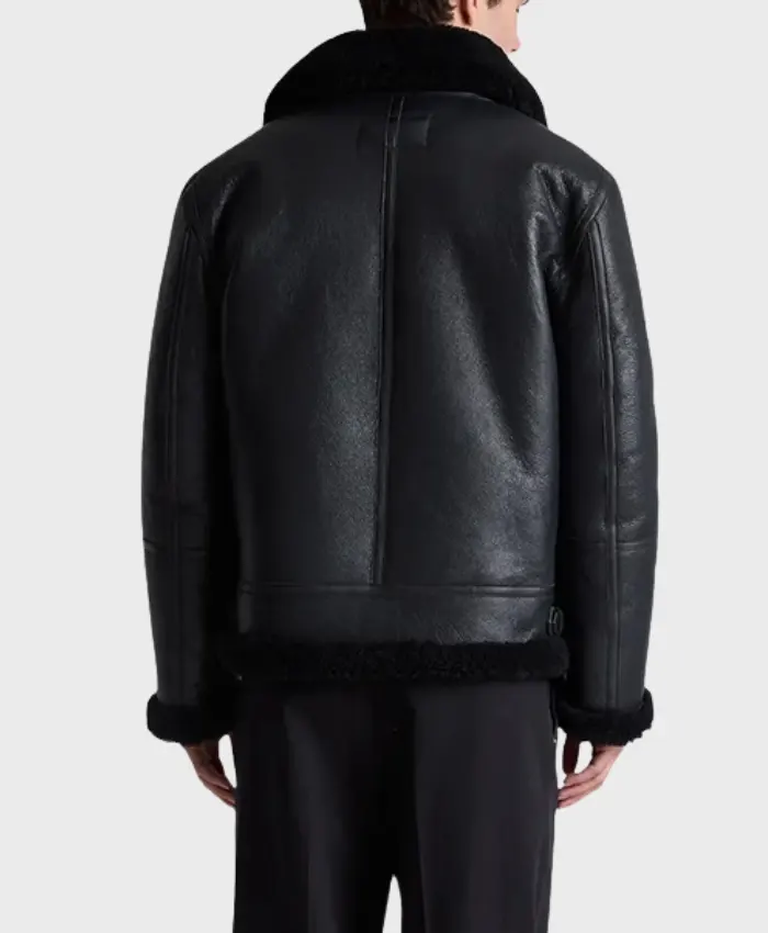Men’s Black Belted Shearling Collar Leather Aviator Pilot Jacket Back