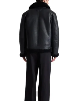 Mens Black Belted Shearling Collar Leather Aviator Pilot Jacket Back