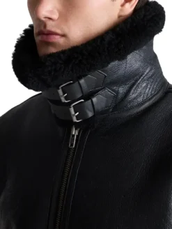 Mens Black Belted Shearling Collar Leather Aviator Pilot Jacket Collar