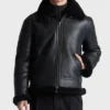 Men’s Black Belted Shearling Collar Leather Aviator Pilot Jacket Front