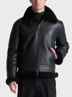 Men’s Black Belted Shearling Collar Leather Aviator Pilot Jacket Front
