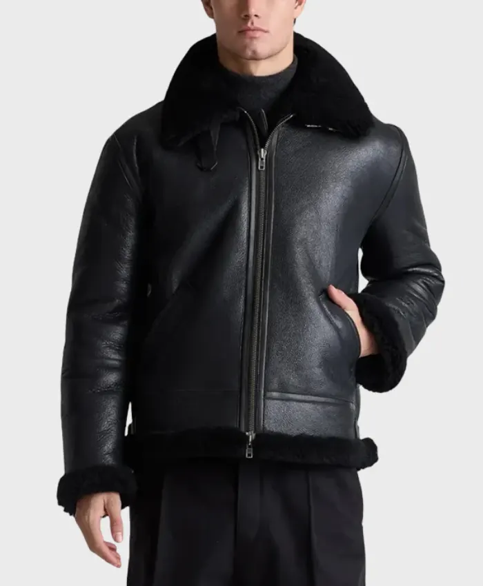Men’s Black Belted Shearling Collar Leather Aviator Pilot Jacket Front