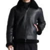 Mens Black Belted Shearling Collar Leather Aviator Pilot Jacket Front