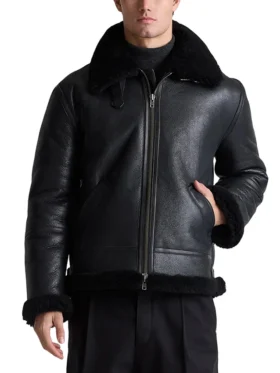 Men's Black Belted Shearling Collar Leather Aviator Pilot Jacket Front