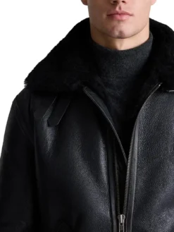Mens Black Belted Shearling Collar Leather Aviator Pilot Jacket Fur