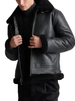 Mens Black Belted Shearling Collar Leather Aviator Pilot Jacket Inner