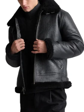 Men's Black Belted Shearling Collar Leather Aviator Pilot Jacket Inner