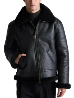Mens Black Belted Shearling Collar Leather Aviator Pilot Jacket Main