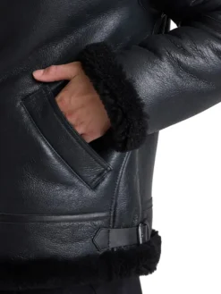 Mens Black Belted Shearling Collar Leather Aviator Pilot Jacket Pocket