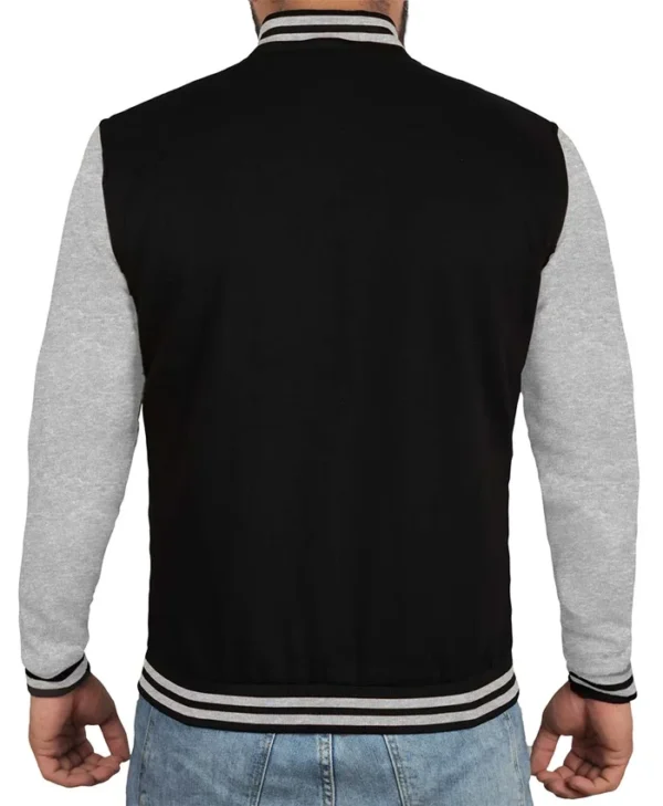 Men's Black Grey Varsity Bomber Jacket Back