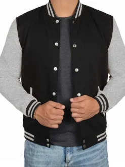 Mens Black Grey Varsity Bomber Jacket Closure