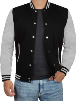 Mens Black Grey Varsity Bomber Jacket Main
