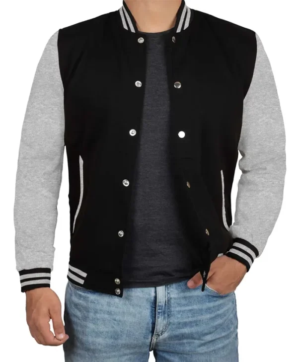 Men's Black Grey Varsity Bomber Jacket Main