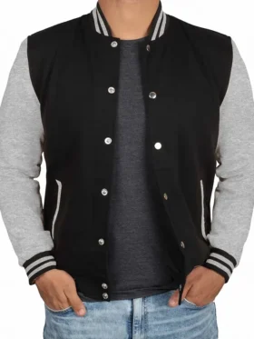 Men's Black Grey Varsity Bomber Jacket Pocket