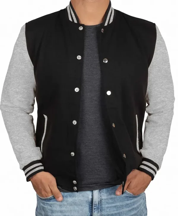 Men's Black Grey Varsity Bomber Jacket Pocket