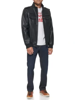 Mens Black Leather Bomber Jacket Stand Up