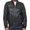 Mens Black Leather Bomber Jacket Stand Up Collar