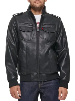Mens Black Leather Bomber Jacket Stand Up Collar