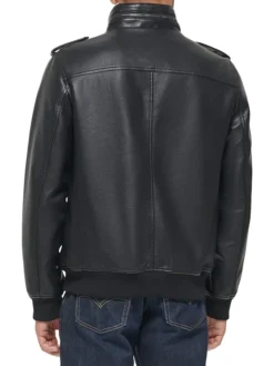 Mens Black Leather Bomber Jacket Stand Up Collar Back