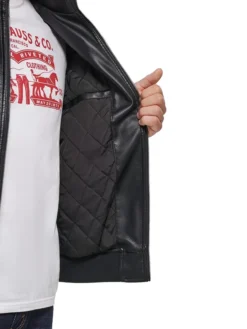 Mens Black Leather Bomber Jacket Stand Up Collar Inner