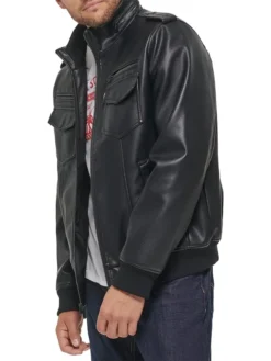 Mens Black Leather Bomber Jacket Stand Up Collar Sleeves