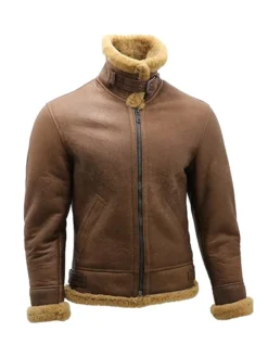 Mens Brown B3 Shearling Leather Flying Aviator Jacket Belted