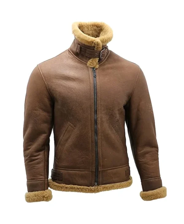 Mens Brown B3 Shearling Leather Flying Aviator Jacket Belted