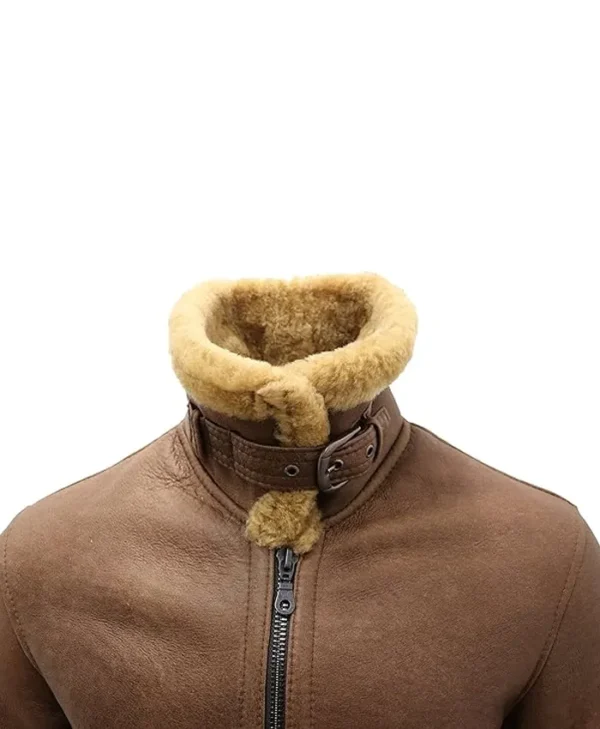 Mens Brown B3 Shearling Leather Flying Aviator Jacket Collar