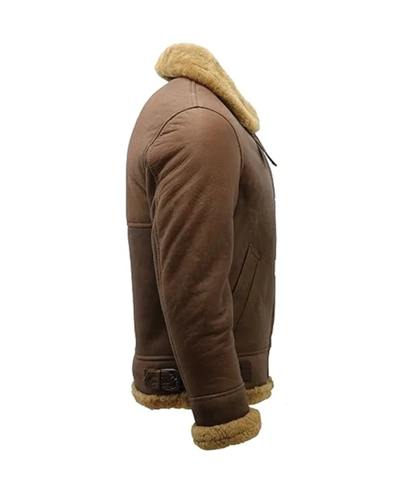 Mens Brown B3 Shearling Leather Flying Aviator Jacket Side