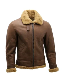 Mens Brown B3 Shearling Leather Flying Aviator Jacket Zipper