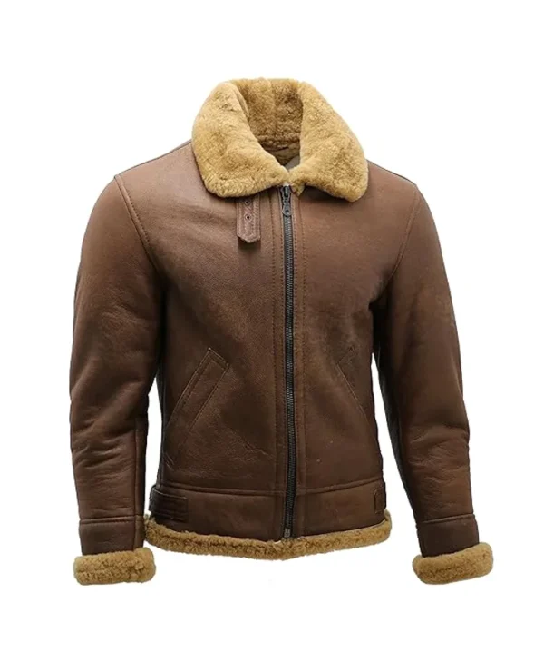 Mens Brown B3 Shearling Leather Flying Aviator Jacket Zipper