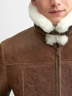 Mens Brown Leather Bomber Jacket Collar