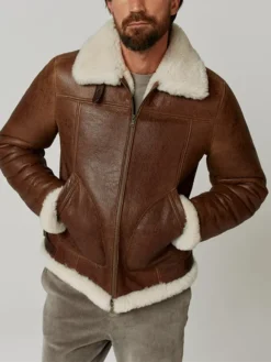 Mens Brown Leather Bomber Jacket Front