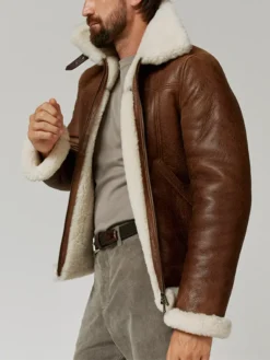 Mens Brown Leather Bomber Jacket Side