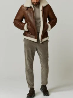 Mens Brown Leather Bomber Jacket Stand Up